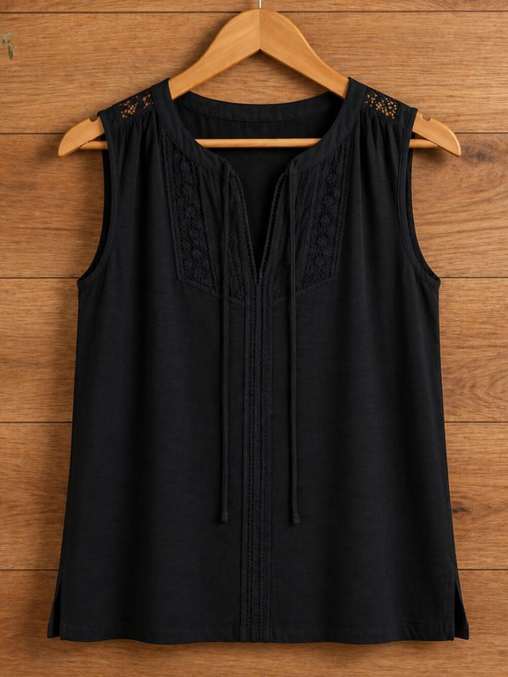 Rafaella XL Ladies Sleeveless Split Neck Fabric Tie Fashion Top Black NWT